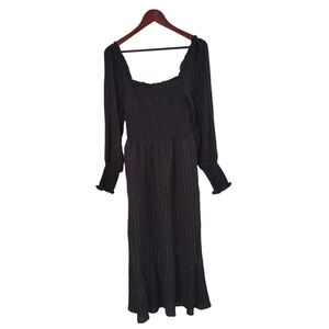 Oat New York Black Gold Smocked Puff Long Sleeve Midi Dress Small NWOT